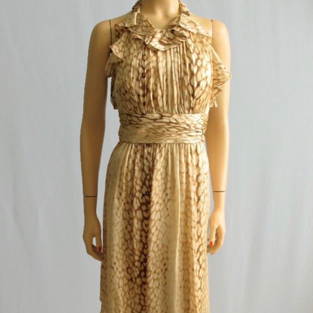 Kay Unger Brown Leopard Silk Halter Dress Cocktail Party Animal Print